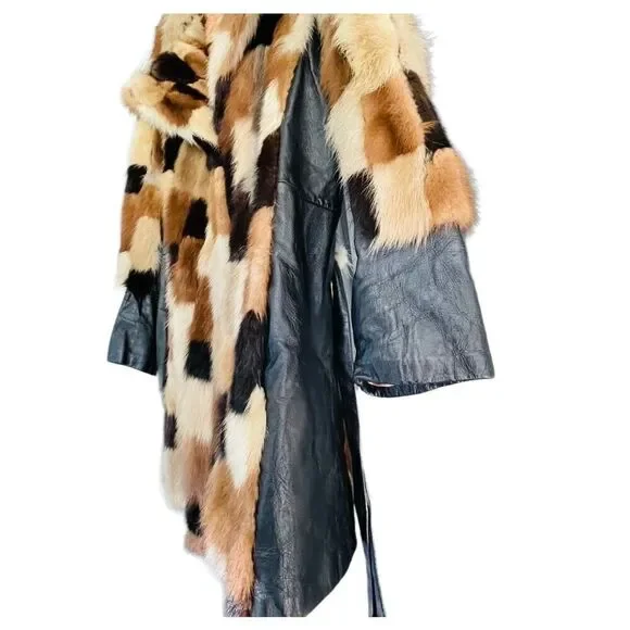 FUR COAT Genuine Y2K Vintage Rabbit Fur Leather Patchwork Long Belted Winter Coa